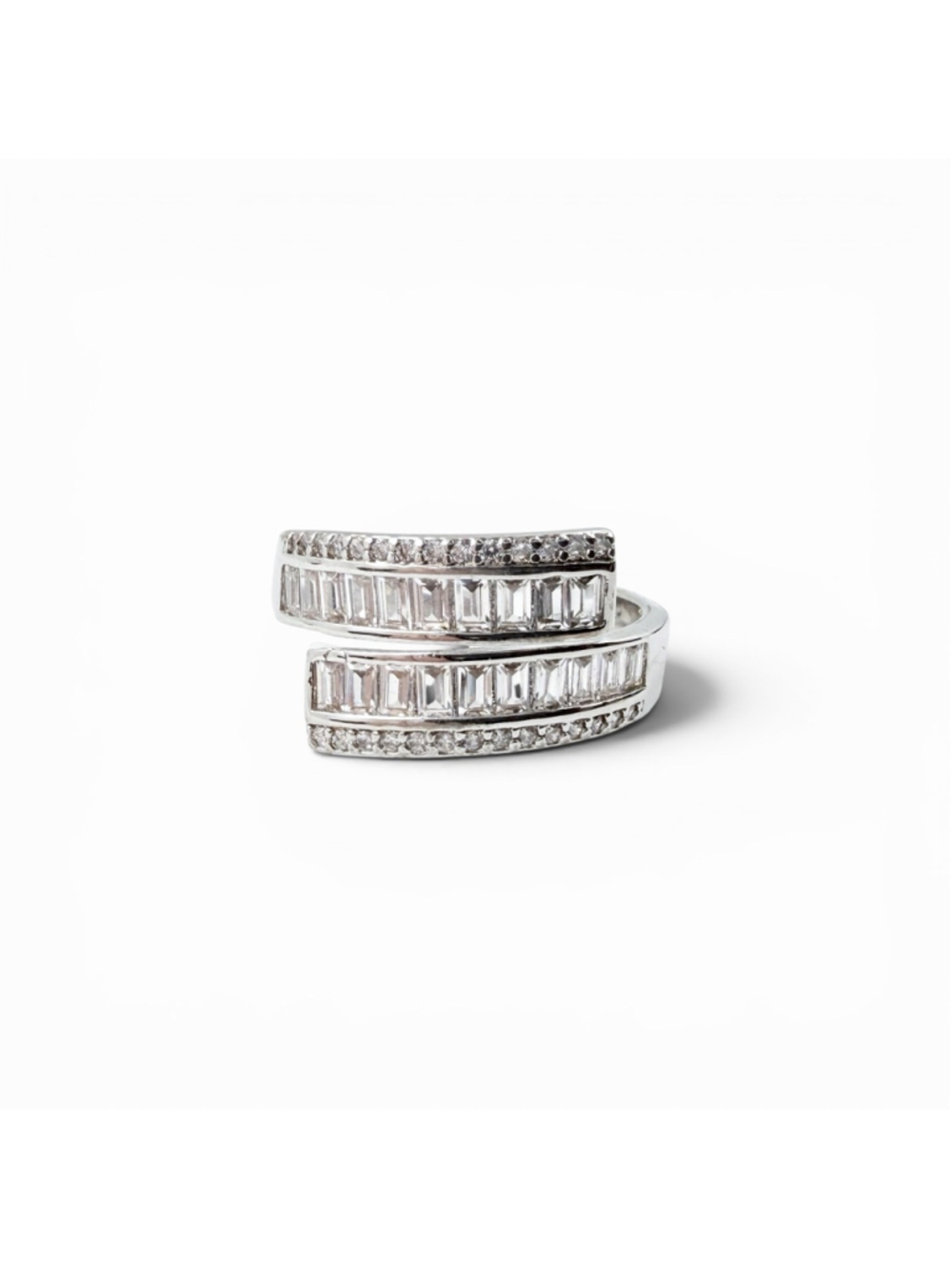 Y2K Baguette CZ Wrap Ring Adjustable Silver Tone Statement Ring Double Band